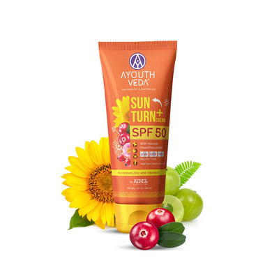 Ayouthveda Sun Turn+ Cream SPF 50 sunscreen with natural ingredients.