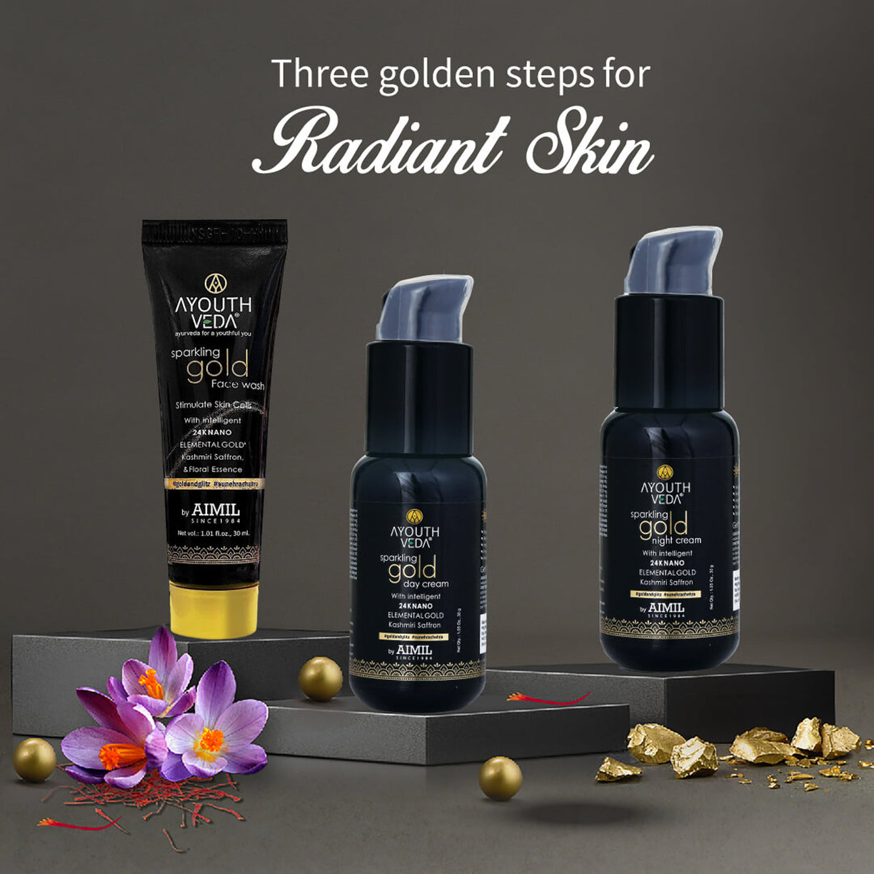 Golden Glow Regimen  Gold face wash-100ml , Gold Day Cream-50g , Gold Night Cream-50g - Ayouthveda